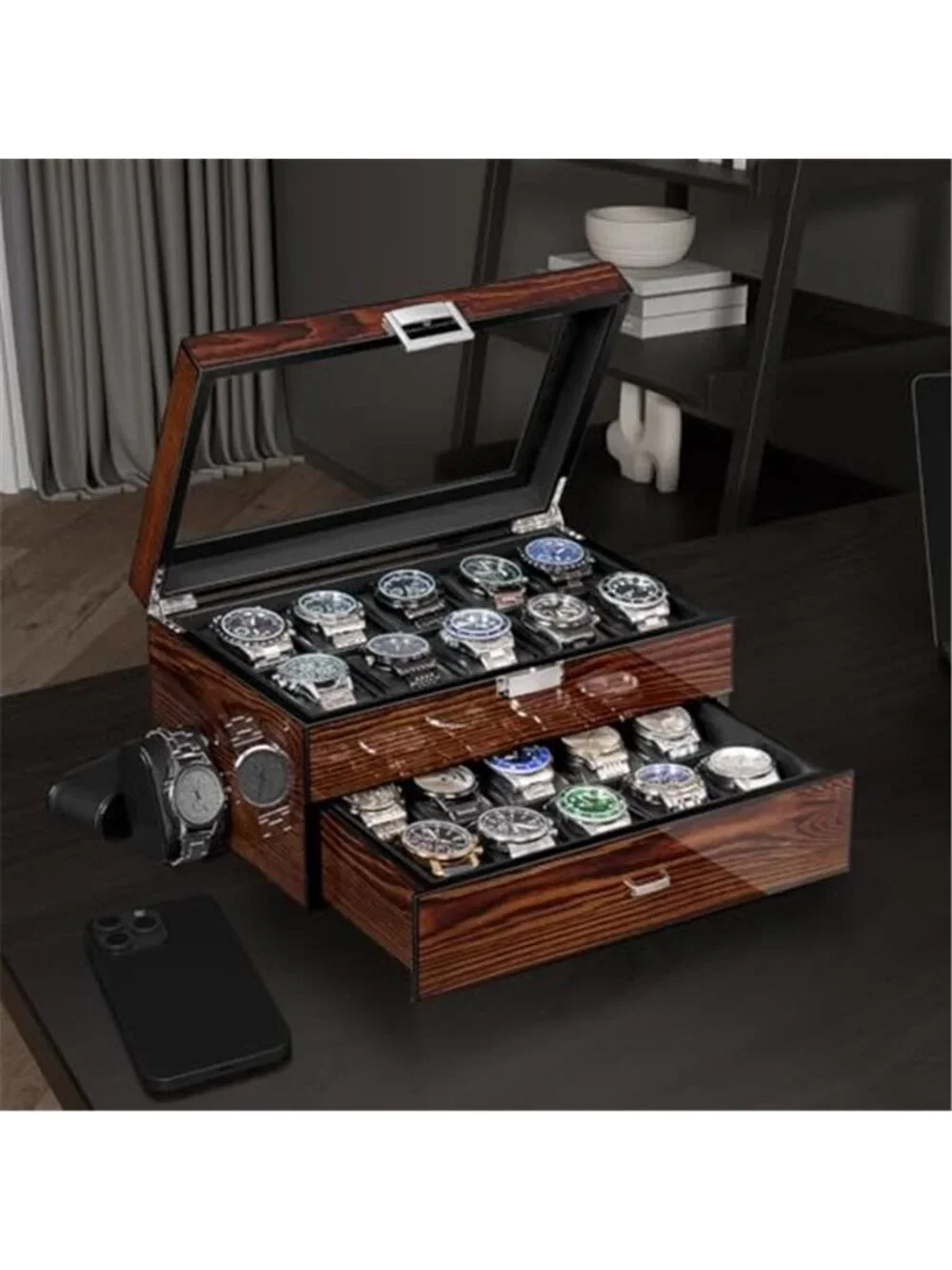 High-End Watch Box 20-Slot Wooden Watch Case with Large Glass Lid |